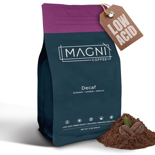 Magni Coffee - Ground - Decaf - Low Acid - Single Origin USDA Organic Non-GMO Beans Third Party Tested For Mycotoxins & Pesticides - Fair Trade -12 Oz