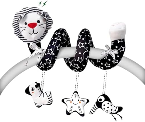 LiKee Spiral Car Seat Toys for Babies 0-6 Months, Black High Contrast Plush Hanging Baby Stroller Toys, Crib & Carseat Sensory Activity for Newborn, Ages 0+ Years 6-12 Month Infants Boy Girl Gifts