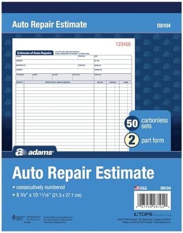 Adams Auto Repair Estimate Book, 2-Part, Carbonless, White/Canary, 8-3/8 x 10-11/16 Inches, 50 Sets per Book (D8104)
