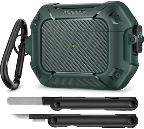 MOBOSI for AirPods Pro 2nd/1st Generation Case, Secure Lock Clip Carbon Fiber Case Cover with Keychain, Full Body Shockproof Hard Shell Protective Cover for AirPods Pro Case (2023/2022/2019), Green