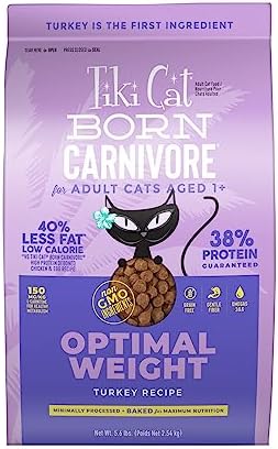 Tiki Cat Born Carnivore Optimal Weight, Turkey, Low-Calorie Grain-Free Baked Kibble to Maximize Nutrients, Dry Cat Food, 5.6 lbs. Bag