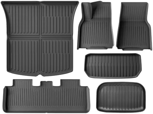 Floor Mats for Tesla Model Y 2021-2024 2025, Set of 6 Mats All Weather TPE Waterproof Anti-Slip Front & Rear Trunk Mats Cargo Liners, Custom Fit for Tesla 5-Seater (Not Fit 7-Seat)