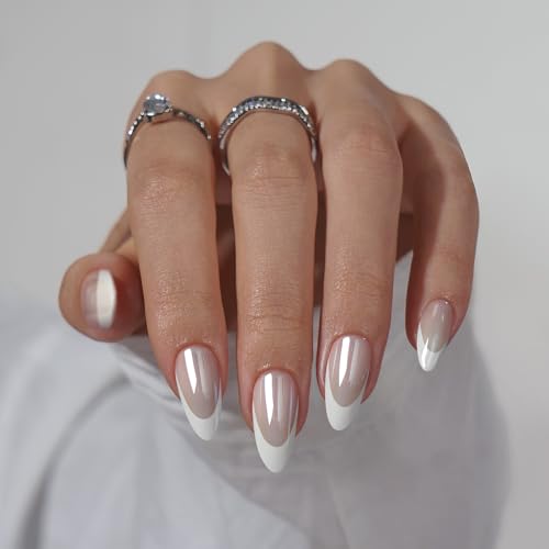 BTArtbox Press On Nails Almond - Chrome French Tip Press on Nails, White Glue On Nails for Gifts, Natural Reusable Glazed Stick On Nails in 15 Sizes - 30 Fake Nails Kit, White Swan