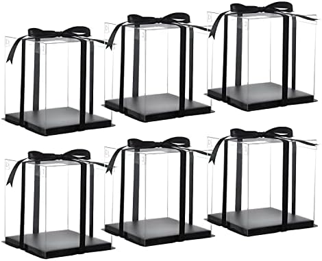 XININSUN 6Pcs Tall Cake Boxes PET Clear cake Box with Ribbon, 8 X 8 X 9inch for Bakery Boxes Cupcake Boxes Pie Cookies Boxes,Clear Gift Boxes with Lid for Carry Tall Layer Gift -Black