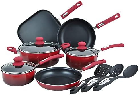 Hamilton Beach Aluminum Covered Cookware Set, Nonstick Saucepan, Dutch Oven with Soft Touch Bakelite Handle, | Excellent Heat Conductors - Multipurpose Use | Durable & Dishwasher Safe |12pc, Red