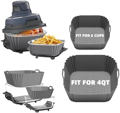 2Pcs Silicone Air Fryer Liners for Ninja Crispi FN101GY/FN101SG/FN101ST,Large for 4-QT & Small for 6-Cups Container,Reusable,Non-Stick,4-in-1 Portable Glass Air Fryer Cooking System Accessories