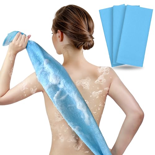 ARCH&M Exfoliating Washcloth Body Scrubber Back Scrubber for Shower Japanese Beauty Washcloth Bath Wash Cloth Korean Exfoliation Luffah Towel Net Sponge Loofah Body Scrub 3 Pack (Blue x 3)