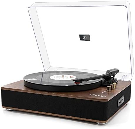 LP&No.1 Record Player with Stereo Speakers, 3-Speed Belt-Drive Turntable for Vinyl Records with Wireless Playback and Auto-Stop,Walnut Wood