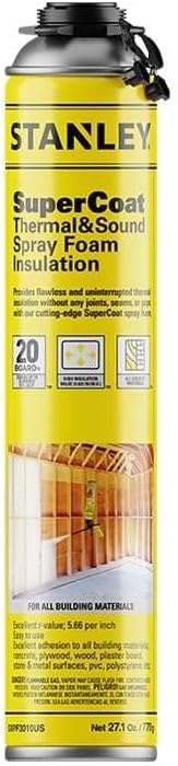 STANLEY Supercoat Spray Foam Insulation - Closed Cell Spray Foam Covers Up to 20 Sq.Ft., Gun Use, Gun Not Included, 27.1 oz, 1 Pack