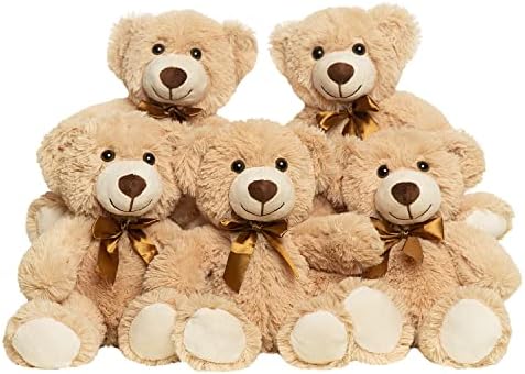 Teddy Bears Bulk 5 Packs 13.5 Inches Small Stuffed Bears Pack for Christmas Valentines Baby Shower Party Decorations Centerpieces Favors Light Brown