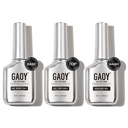 GAOY Gel Top Coat, Builder Gel and Base Coat Set, 3 Pcs 16ml Clear Glossy No Wipe Combination for UV Light Cure Gel Nail Polish