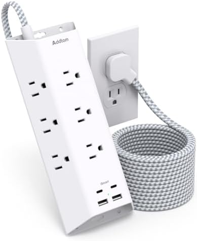 Surge Protector Power Strip, Addtam 5 ft Flat Plug Extension Cord with 4 USB Wall Charger(2 USB C Port), 9 Widely Outlets Desk Charging Station, Home Office and College Dorm Room Essentials