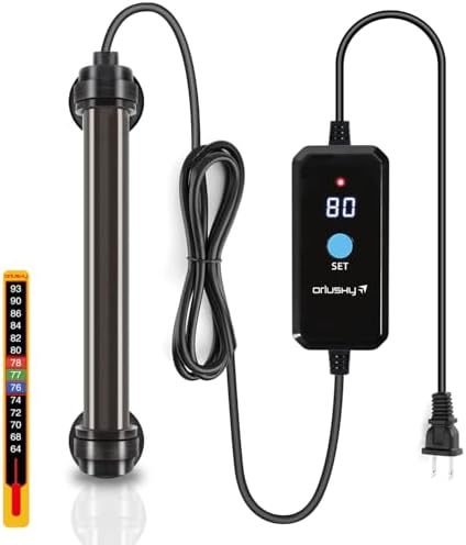 Orlushy 25W Submersible Mini Fish Tank Heater, Adjustable Aquarium Heater with Digital Display External Controller, Overheat Protection and Free Thermometer for 1-5 Gallon Freshwater & Saltwater Tank