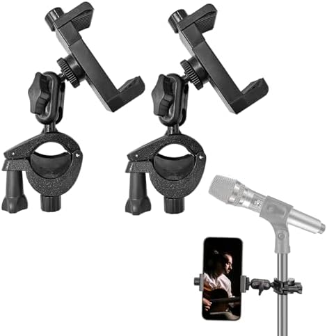 2 Pack Microphone Stand Phone Holder, JCWNIY Universal Mic Stand Phone Holder Adjustable 360° Swivel Phone Holder for Mic Stand Phone Clip Clamp Mount for iPhone, Android, Any Smartphones