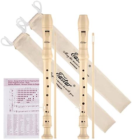 Eastar Soprano Recorder Set of 2, Baroque German Fingering C Key Recorder Instrument for Kids Beginners, 3 Piece with Cleaning Kit, Thumb Rest, Cotton Bag, Fingering Chart, ERS-22B, School-Approved