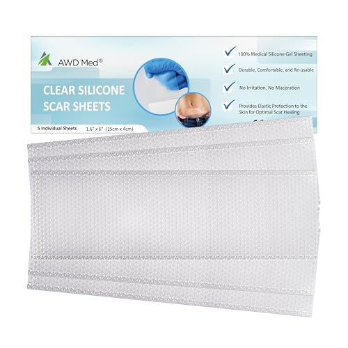 AWD Silicone Scar Sheets for Scar Removal - Extra Thick 0.5mm Silicone Scar Tape for Surgical Scars, C Section, Keloid - Silicone Skin Patches Extra Thick 0.5mm Longer Use (5 Pcs, 1.6” x 6”), Clear