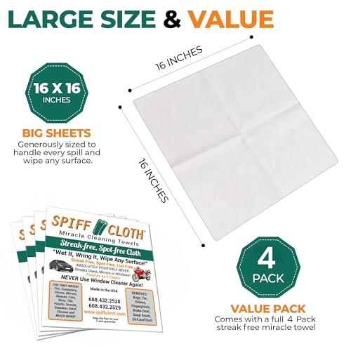 Spiff Cloth (4-Pack, Miracle Cleaning Towels, Streakfree Cloths for Multi-Purpose Cleaning, Chemical Free, 16" x 16" Reusable and Washable