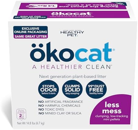 ökocat Less Mess Natural Wood Clumping Cat Litter Mini-Pellets, Great for Long-Hair Breeds, Medium, 14.8 lbs. (Packaging May Vary)