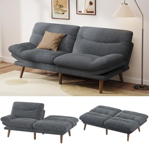 Pipishell Futon Sofa Bed, Corduroy Futon with Adjustable Backrest and Armrests, Convertible Futon Sofa Couch with Wood Frame for Small Spaces, Living Room or Office,Gray