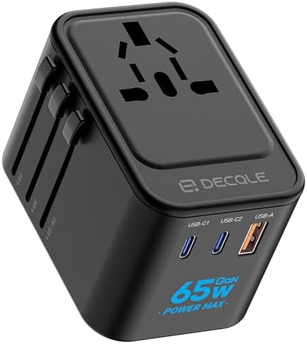 Universal Travel Adapter, International Travel Plug Adapter with 2 USB-C(GaN 65W) ＆ 1 USB-A Ports, All in One Portable Adaptor, for USA, UK, EU, AU ＆ 224+ Countries (Black) US