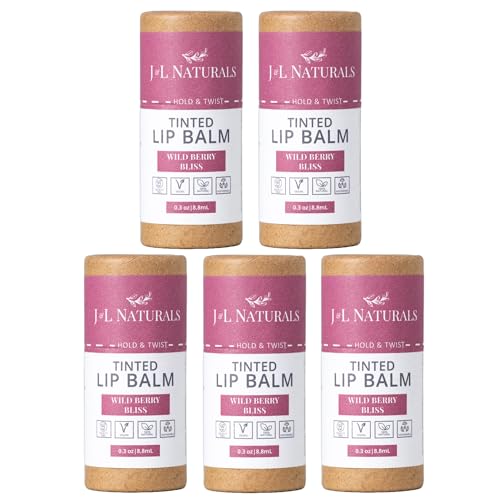 J&L Naturals Tinted Lip Balm | Vegan & Cruelty Free Lip Stain | Zero Waste Makeup | Plastic-Free, Hydrating & Moisturizing Lip Tint | Made in US (Bundle (5-Pack), Wild Berry Bliss)