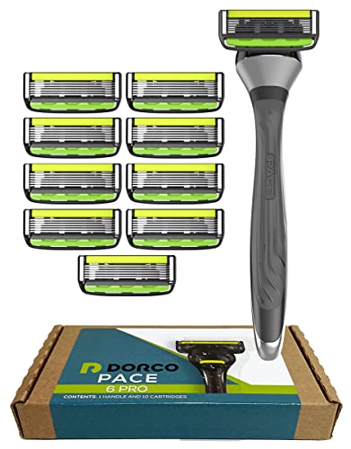 Dorco Pace 6 Pro - Six Blade Razor System with Trimmer - 10 Pack (1 Handle + 10 Cartridges)