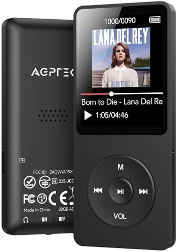 AGPTEK A02 MP3 Player with Bluetooth 5.3, 1.8 inch Screen Portable Music Player with Speaker, FM Radio, Voice Recorder, Supports Expanded Up to 128GB(Black, 32GB)