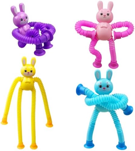 Pinkiwine 4 Pack Easter Bunny Suction Cup Pop Tubes Toys Sensory Fidget Toys for Kids Boys Girls Toddlers Easter Basket Stuffers Gifts