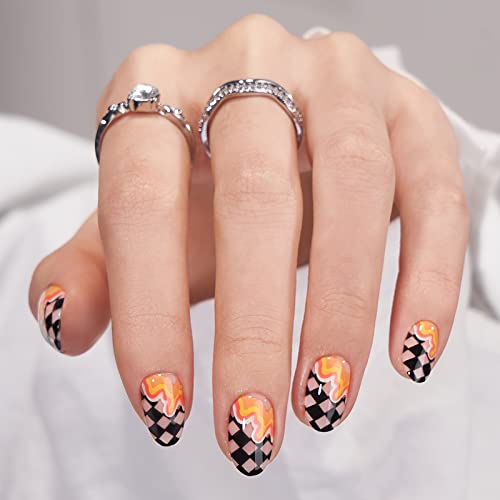 BTArtbox Press On Nails Short - Halloween Press On Nails Oval Fake Nails with Nail Glue, Fit Perfectly & Natural False Nails in 15 Sizes Soft Gel Glue On Nails Kit, Waves Chess