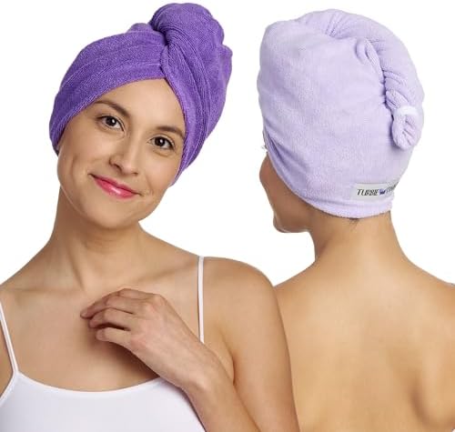 Turbie Twist 2-Pack Microfiber Hair Towel for Beauty, Travel, Gifting - Hair Wrap Turban for Straight, Wavy & Curly Hair - Premium Hair Care - Dark Purple & Light Purple