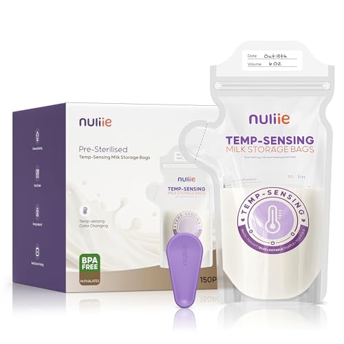 Nuliie 150pcs Temp-Sensing Breastmilk Storage Bag, Huge Temp-Sensing Icon & Locking Clamp, 6oz Breast Milk Storage Bags Freezer Pour Spout, Self Standing Milk Storage Bags Breastmilk, BPA-Free No-Leak