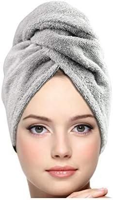 KEEPOZ Hair Towel Wrap Quick Dry 100% Cotton Super Absorbent Turban Head Wrap for Women with Button, Non Microfiber Anti Frizz Hair Products, Hair Cap for Curly, Long & Thick Hair (Grey, 1 Pc)