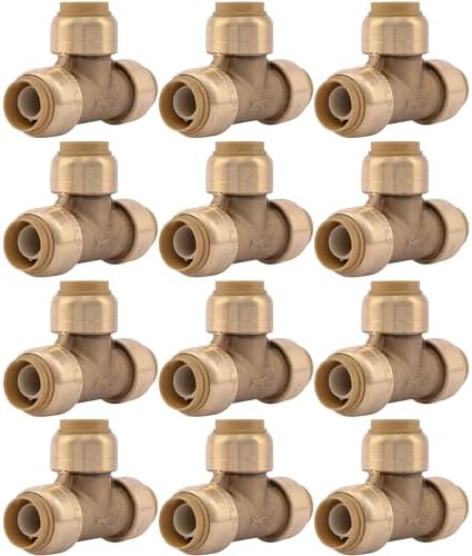 SharkBite 1/2 Inch Tee, Pack of 12, Push to Connect Brass Plumbing Fitting, PEX Pipe, Copper, CPVC, PE-RT, HDPE, U362LF