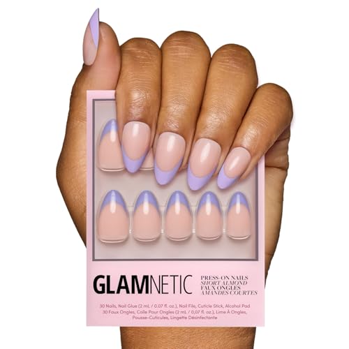 Glamnetic Press On Nails - French Lilac | Short Almond Purple French Tips with a Glossy Finish, Fake Nails, Reusable | 15 Sizes - 30 Nail Kit with Glue