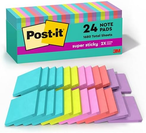 Post-it Super Sticky Notes, 3x3 in, 24 Pads, 2X The Sticking Power, Supernova Neons, Bright Colors, Recyclable(654-24SSMIA-CP)