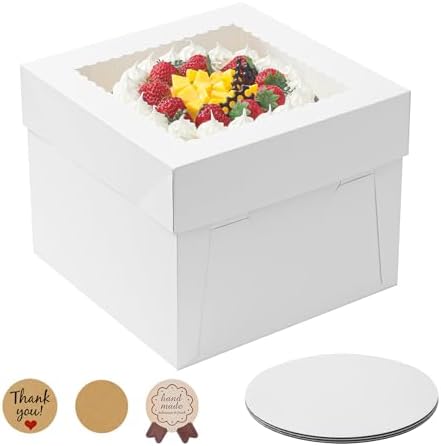 3 Pack Cake Boxes, 10x10x8 Inches Tall Cake Box with Cake Boards, White Bakery Boxes with Window, Disposable Cake Containers with Lids for Cake, Donuts, Pies, Cookies, Wedding, Birthday, Party
