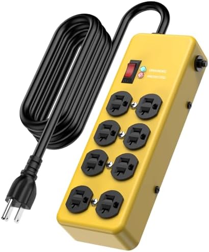 HEZI 20A Power Strip Surge Protector Durable Metal 8-Outlet with Heavy Duty 20 Amp Extension Cord, 12 Gauge for Garage, Workshop & Industrial Use with 6-20R T-Slot Outlets, 4800J (Yellow, 6FT)