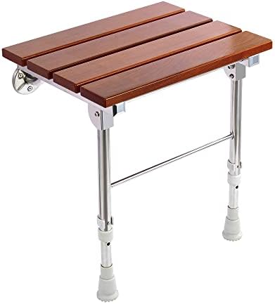 Folding Shower Seat Wall Mounted with Legs, Shower Seat Benches Stool Chair for Inside Shower, Fold Down Shower Seat for Seniors Small Shower Space, Foldable Fold up Waterproof Wood Height Adjustable