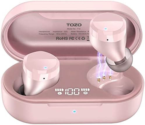 TOZO T12 Wireless Earbuds Bluetooth Headphones Premium Fidelity Sound Quality Wireless Charging Case Digital LED Intelligence Display IPX8 Waterproof Earphones Built-in Mic Headset Rose Gold (Renewed)