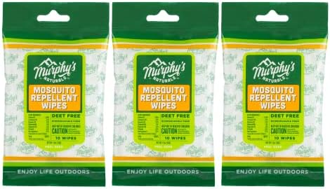 Murphy’s Naturals Mosquito Repellent Wipes, Plant-Based with Lemongrass & Rosemary Oil, Fast-Absorbing & Travel-Friendly, DEET-Free, 10 Wipes, 3-Pack
