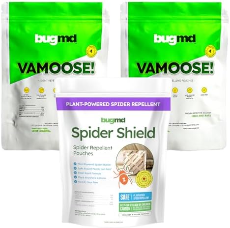 BugMD Vamoose Rodent Repellent (2 Pack, 8 Pouches) & (1 Pack, 4 Pouches) Spider Shield Bundle | Natural Mouse, Rat & Spider Repellent | Indoor & Outdoor Protection | Plant-Powered & Pet Safe