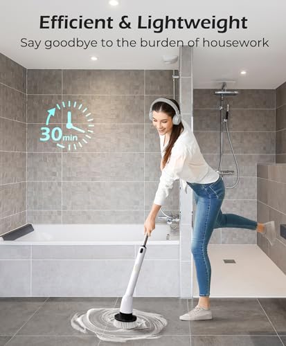 LyriFine Electric Spin Scrubber, 2024 New Full-Body IPX7 Waterproof Bathroom Cleaner Brush, Shower Scrubber with Long Handle & 2 Speed, Heads Replacement, Cleaning Supplies for Tub Shower Tile Floor