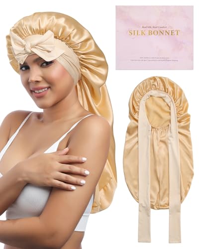 AWAYTR Long Silk Bonnet for Sleeping - 100% Mulberry Silk Bonnet for Women Long Hair Sleep Cap with Elastic Tie Band (Champagne)