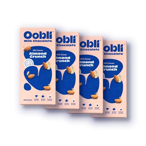 Oobli Milk Chocolate Bars, Only 1g Added Sugar, Low Carb, No Sugar Alcohols, Gluten-Free (4 pack, Almond Crunch Milk Chocolate)
