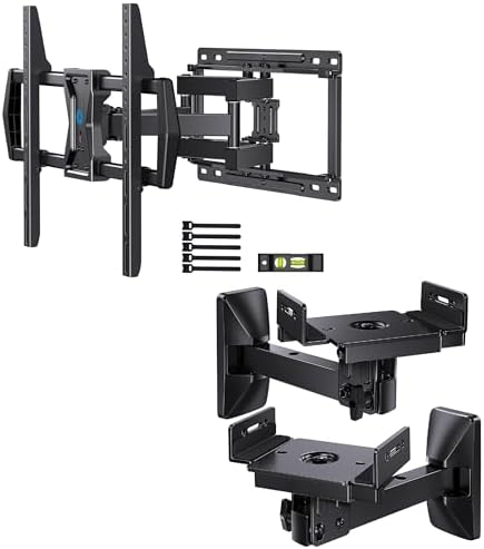 Pipishell Full Motion TV Wall Mount for Most 37-75 inch TVs up to 100 lbs, Max VESA 600x400mm, TV Mount Fits 12”/16” Wood Studs, PILF6, Speaker Wall Mounts up to 50 lbs, 1 Pair, PISM03