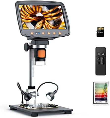 7'' Digital Microscope 1500X, HDMI LCD Microscope 8.5‘’ Longer Stand, Coin Microscope for Adults with 12MP Ultra-Precise Camera Sensor, Compatible with TV/Windows/Mac, 32GB TF Card, 12 Slides