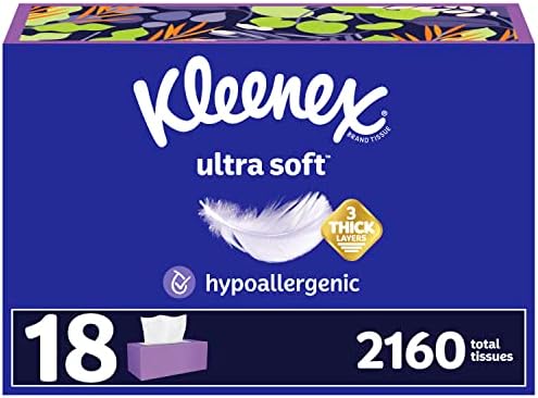 Kleenex Ultra Soft Facial Tissues, 18 Flat Boxes, 120 Tissues per Box, 3-Ply (2,160 Total Tissues), Packaging May Vary
