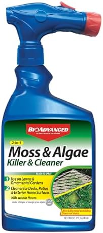BioAdvanced 2-in-1 Moss and Algae Killer and Cleaner for Lawns, Roofs, Patios, Decks, and More, Ready-to-Spray, 32 oz