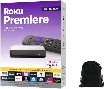 Roku Premiere | 4K/HDR Streaming Media Player Wi-Fi Enabled with Premium High Speed HDMI Cable and Simple Remote, Includes Pouch, White