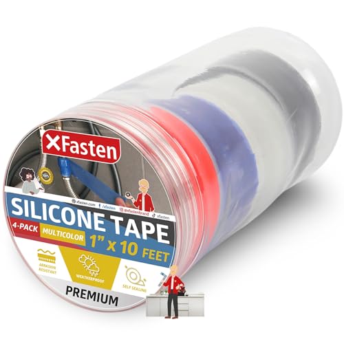 XFasten Multicolor Silicone Tape for Plumbing Self Fusing, 1” x 10-Feet Non-Adhesive Silicone Grip Tape Pack of 4, Plumbing Tape for Leaks, Plumbing Tape for Hose, Stop Leak Tape, Emergency Tape